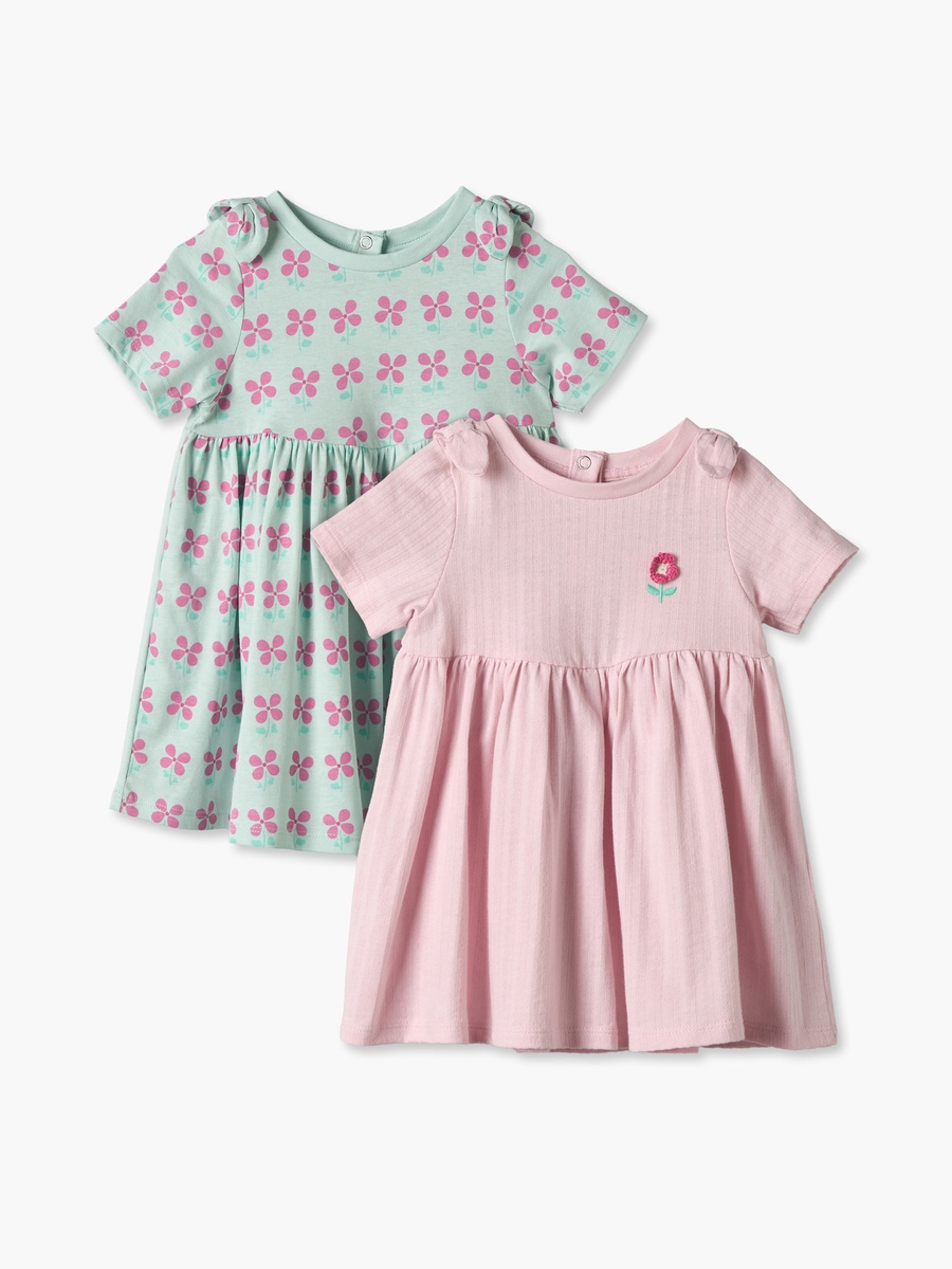 Pack of 2 Round Neck Short Sleeves Knee Length A-Line Dress with Floral Design