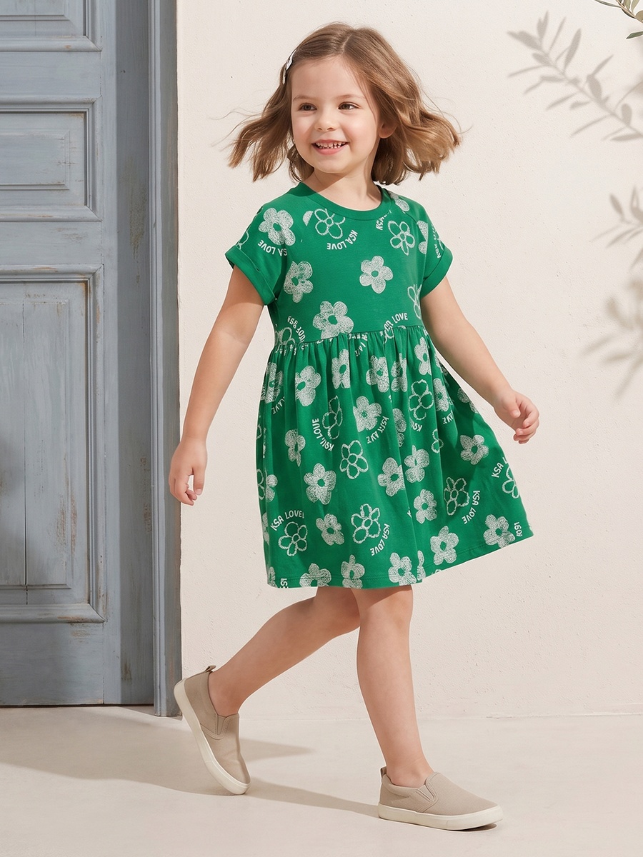 Round Neck Short Sleeves Knee Length A-Line Dress with KSA National Day Print