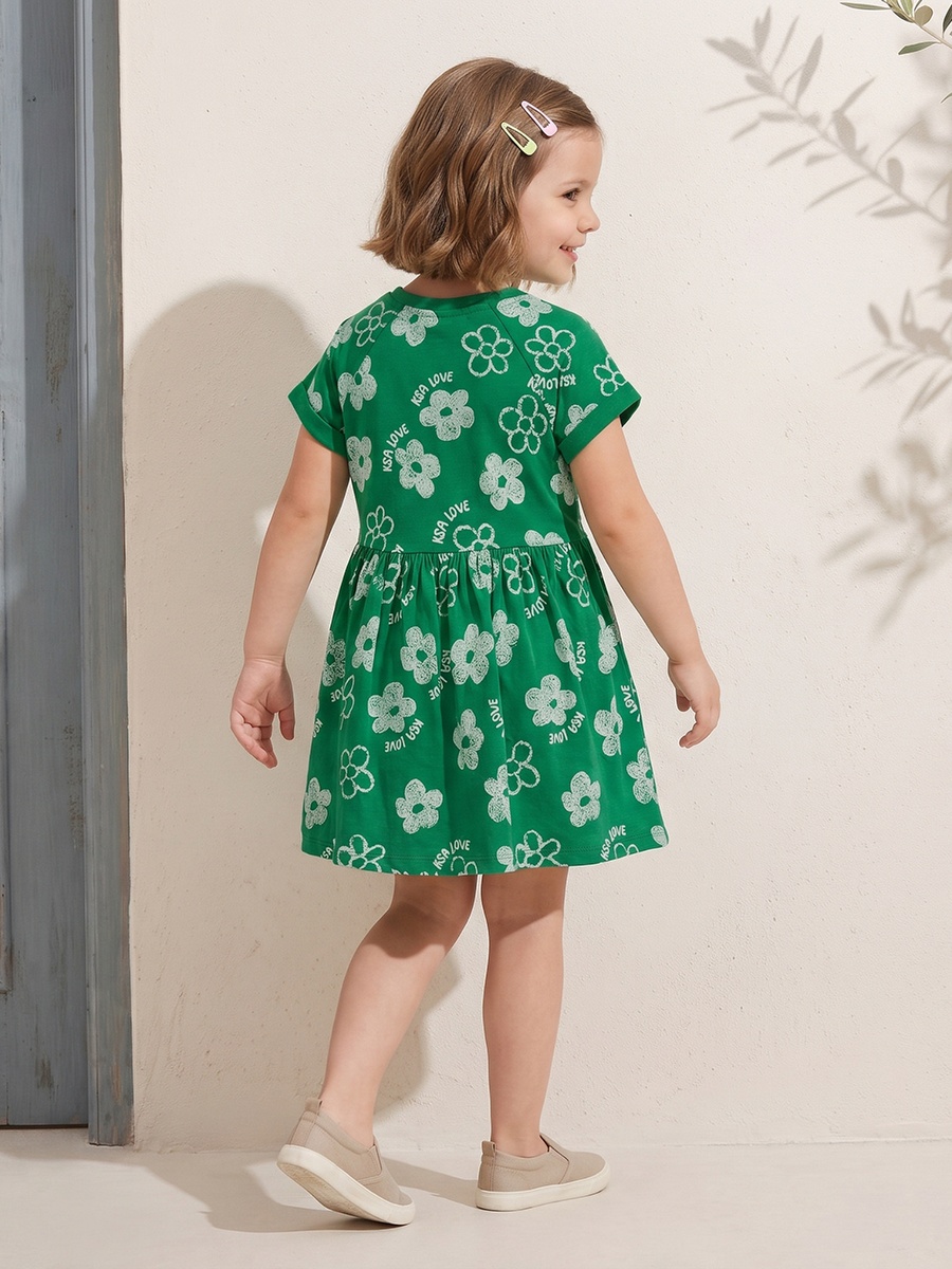 Round Neck Short Sleeves Knee Length A-Line Dress with KSA National Day Print