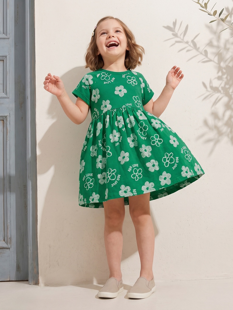 Round Neck Short Sleeves Knee Length A-Line Dress with KSA National Day Print