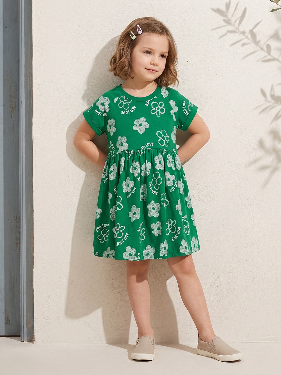 Round Neck Short Sleeves Knee Length A-Line Dress with KSA National Day Print