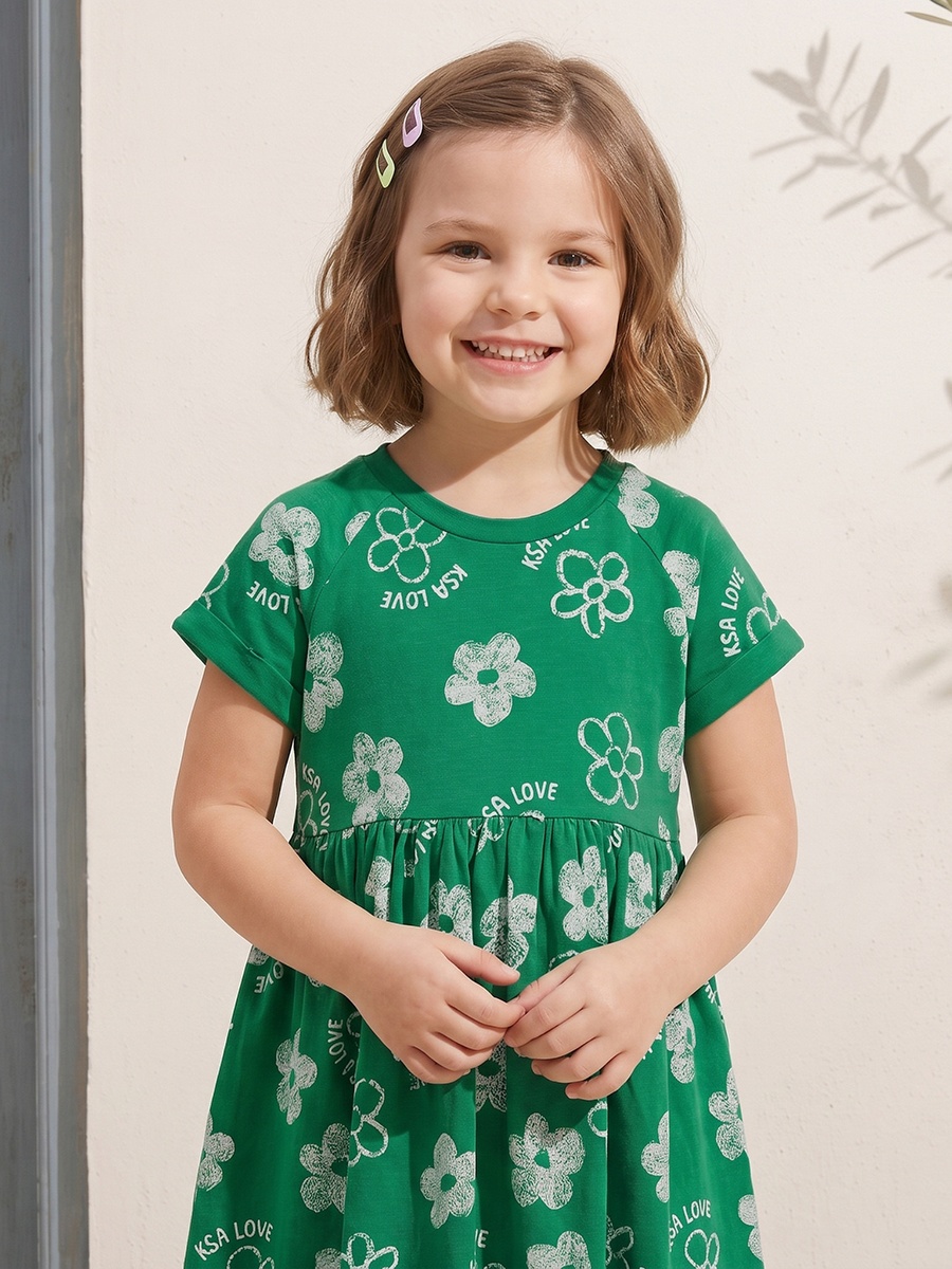 Round Neck Short Sleeves Knee Length A-Line Dress with KSA National Day Print