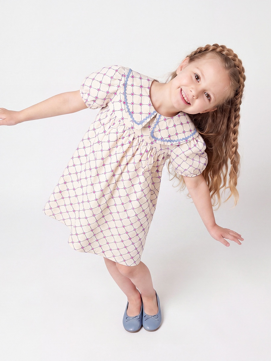 Peter Pan Collar Short Sleeves Knee Length Dress with Floral Print