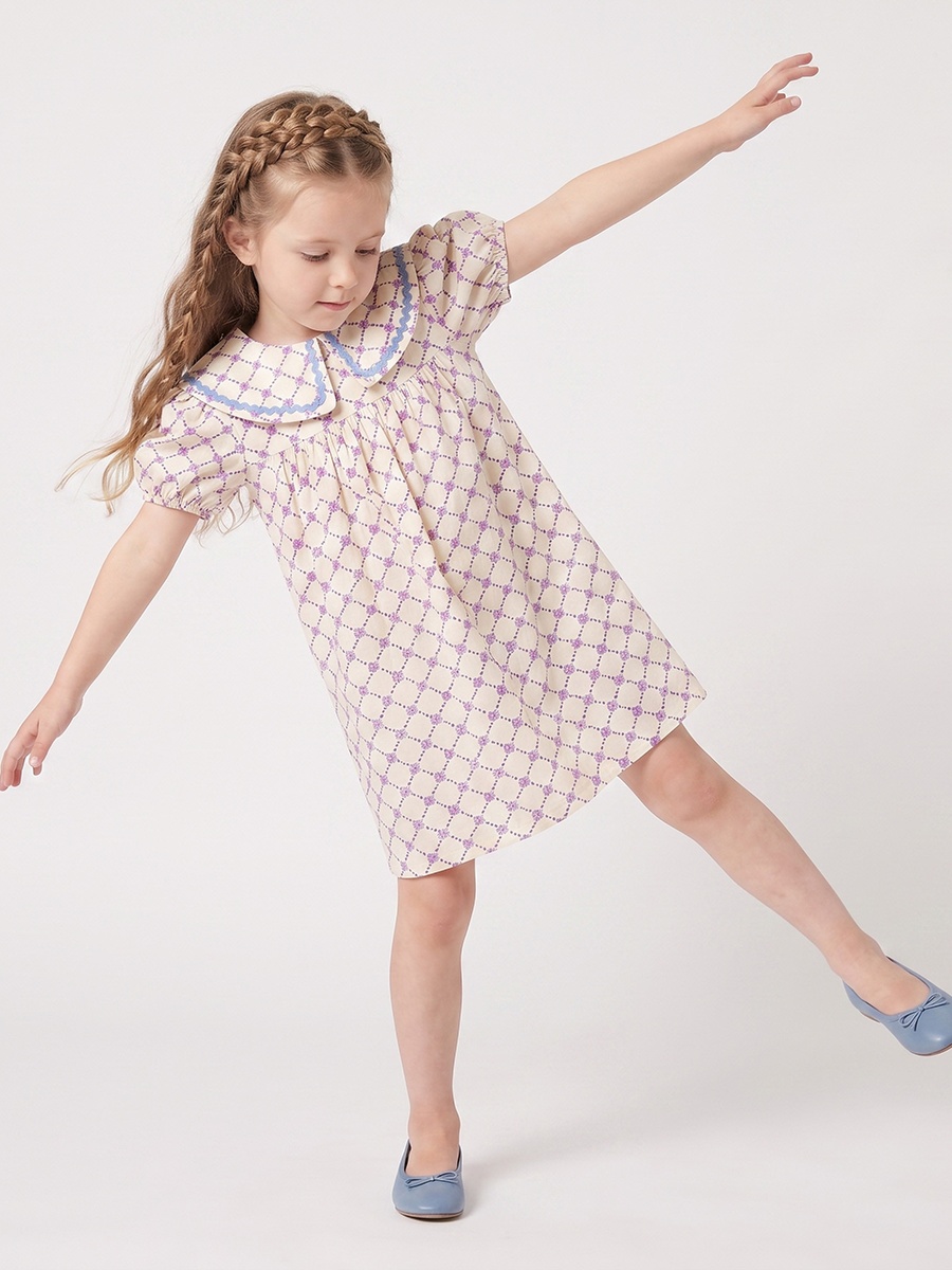 Peter Pan Collar Short Sleeves Knee Length Dress with Floral Print