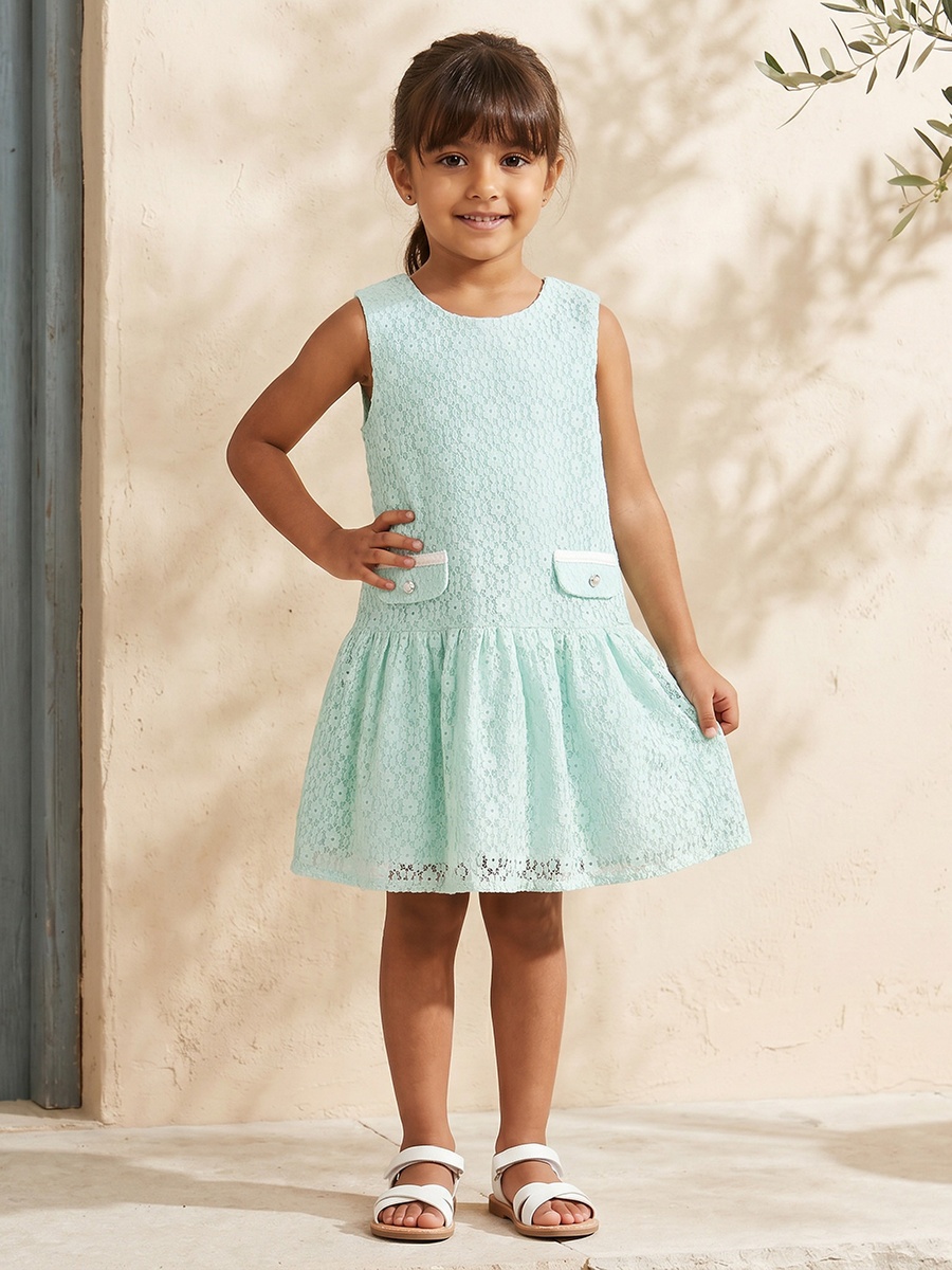 Round Neck Sleeveless Knee Length A-Line Dress with Lace Design