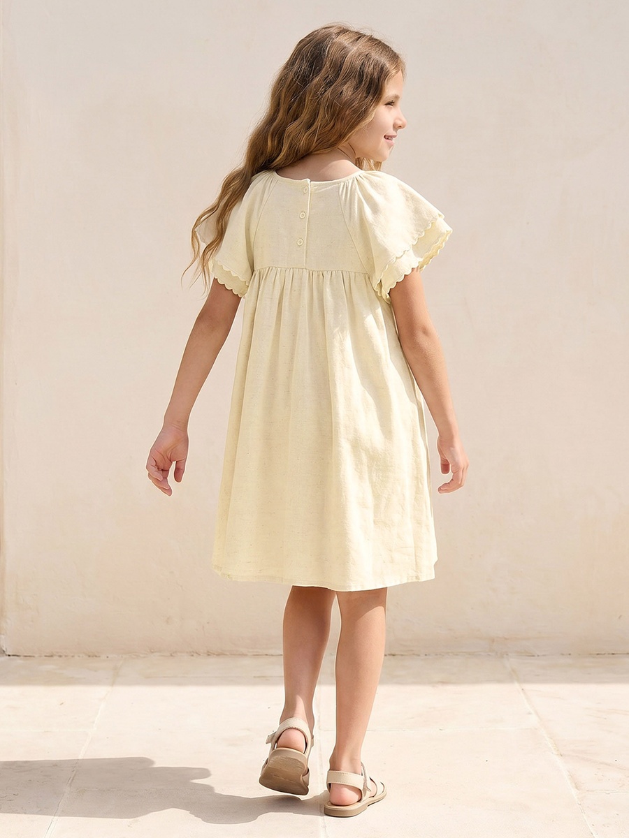 Round Neck Short Sleeves Knee Length Dress with Floral Embroidery