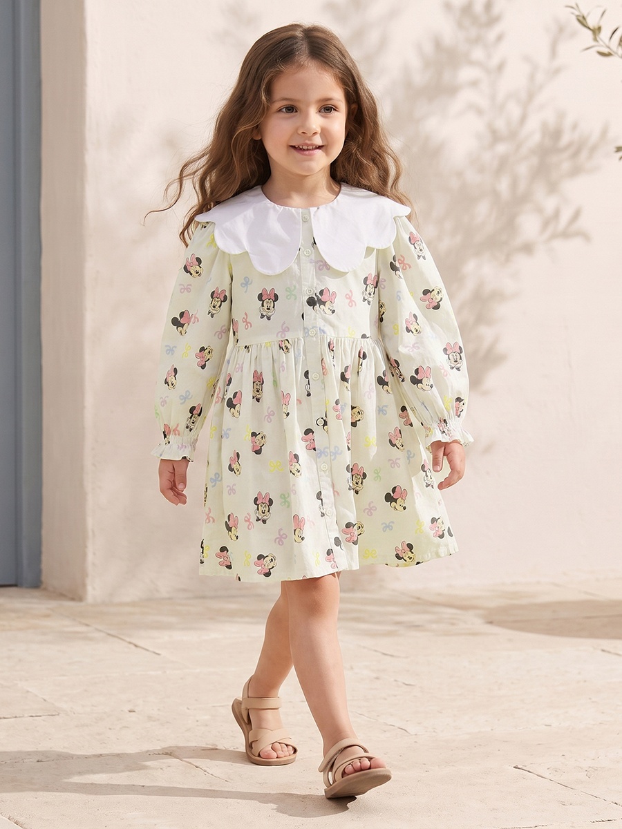 Peter Pan Long Sleeves Knee Length A-Line Dress with Minnie Mouse Print
