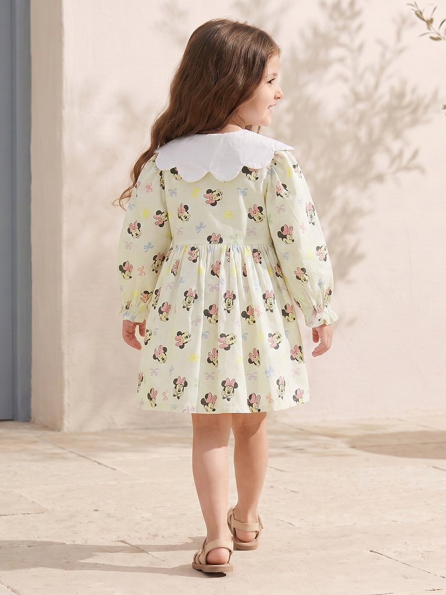 Peter Pan Long Sleeves Knee Length A-Line Dress with Minnie Mouse Print