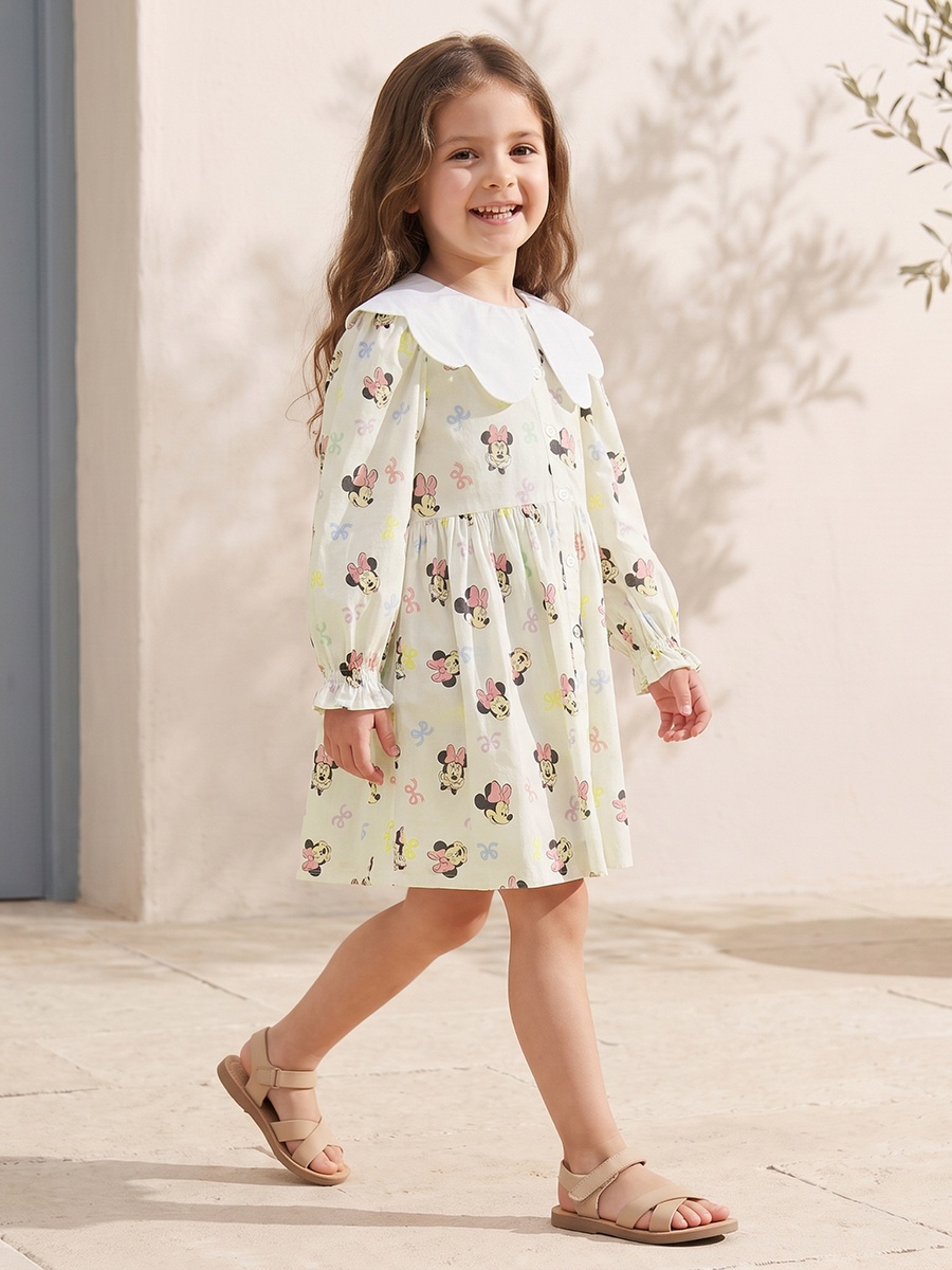Peter Pan Long Sleeves Knee Length A-Line Dress with Minnie Mouse Print