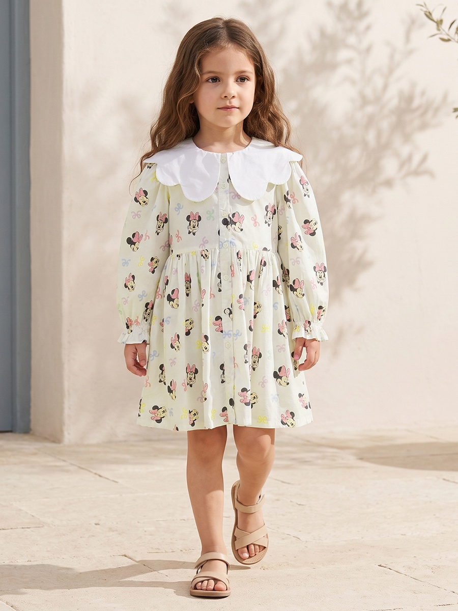 Peter Pan Long Sleeves Knee Length A-Line Dress with Minnie Mouse Print