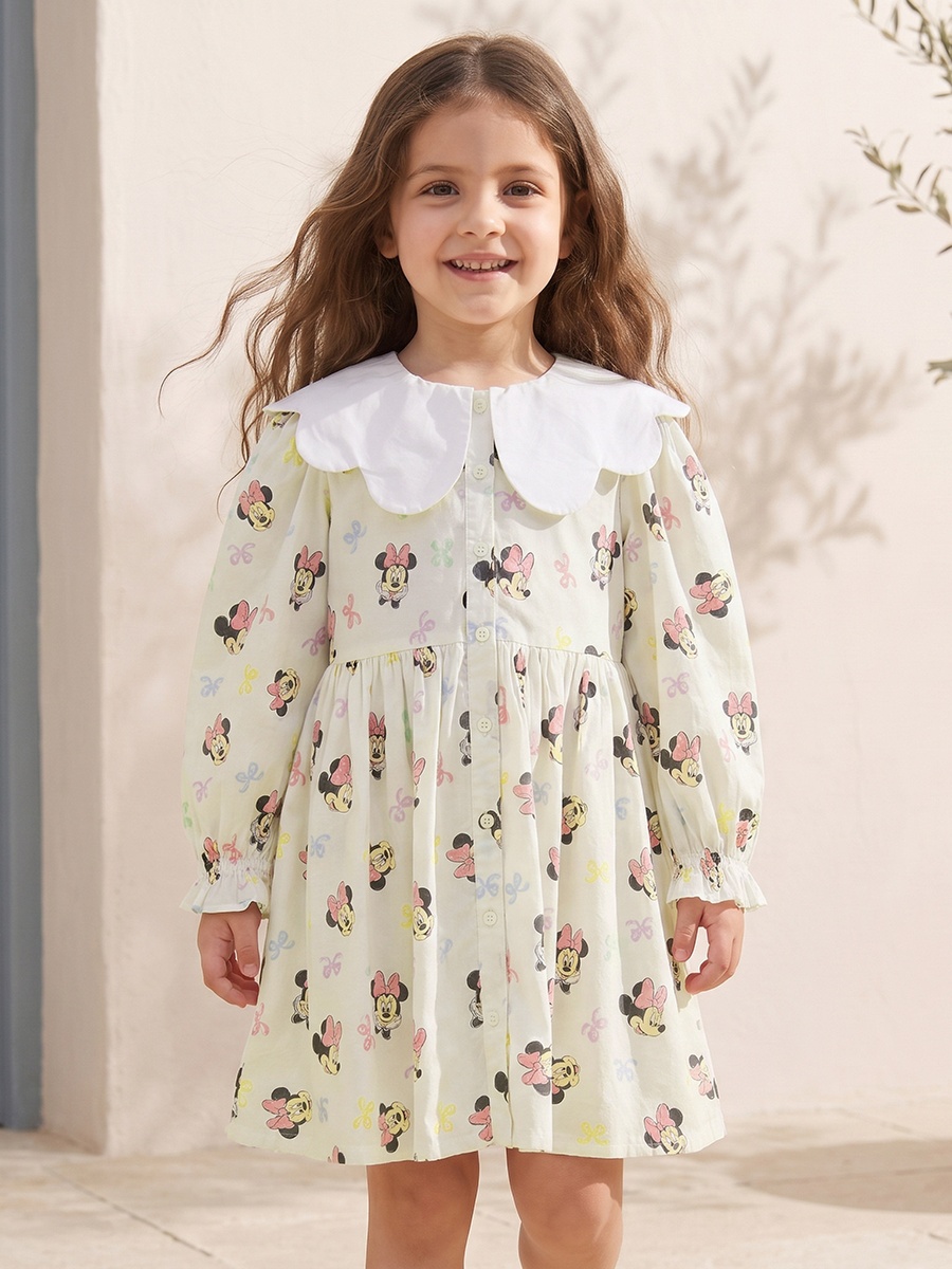 Peter Pan Long Sleeves Knee Length A-Line Dress with Minnie Mouse Print
