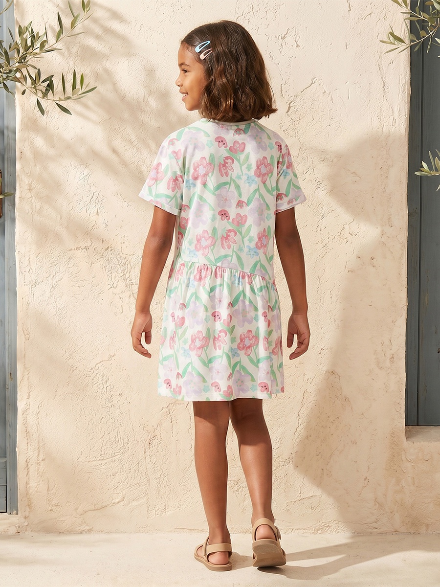 Round Neck Short Sleeves Knee Length A-Line Dress with Floral Print