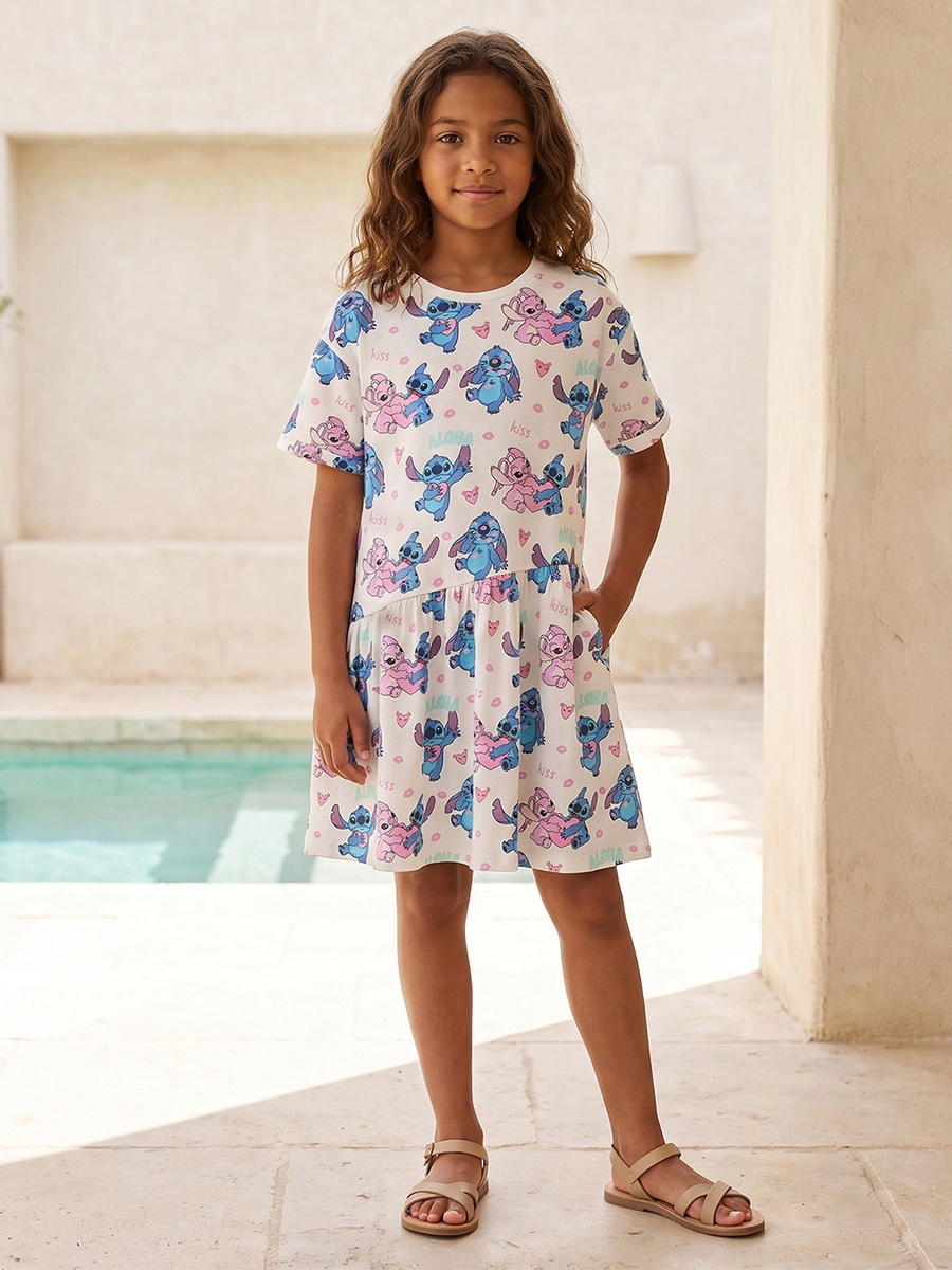 Round Neck Short Sleeves Knee Length A-Line Dress with Angel and Stitch Print