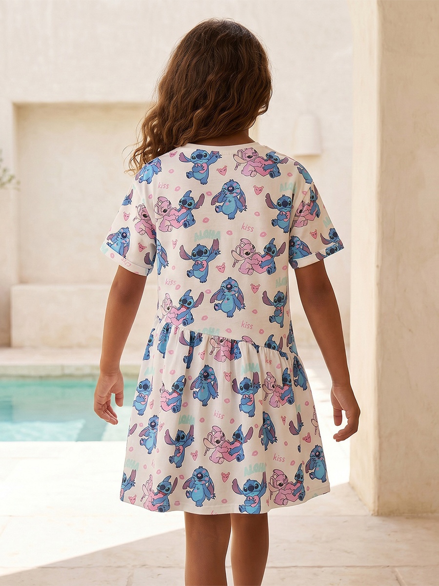 Round Neck Short Sleeves Knee Length A-Line Dress with Angel and Stitch Print