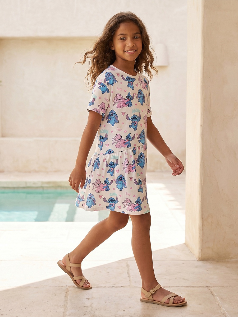 Round Neck Short Sleeves Knee Length A-Line Dress with Angel and Stitch Print