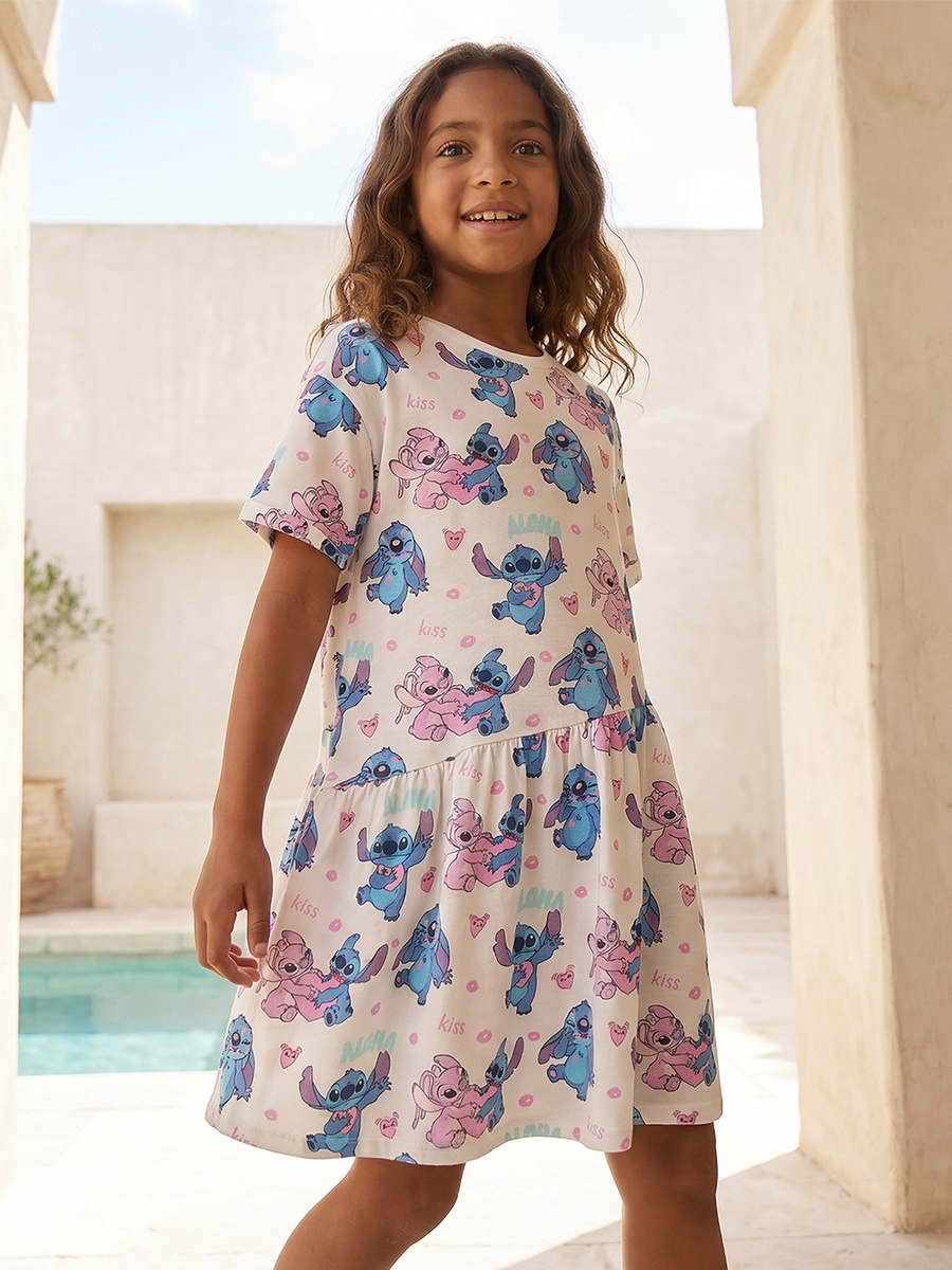 Round Neck Short Sleeves Knee Length A-Line Dress with Angel and Stitch Print