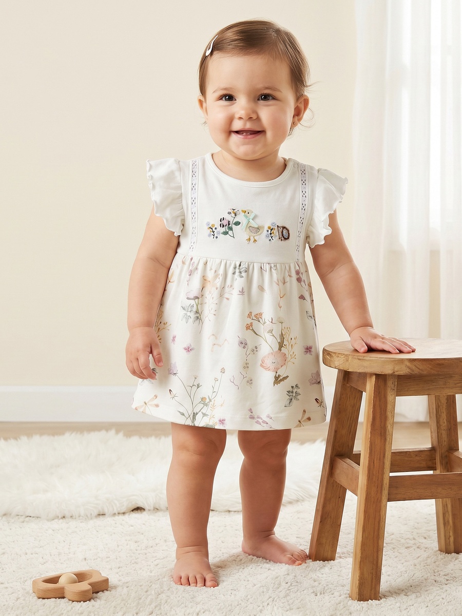 Round Neck Short Sleeves Knee Length Dress with Floral Print