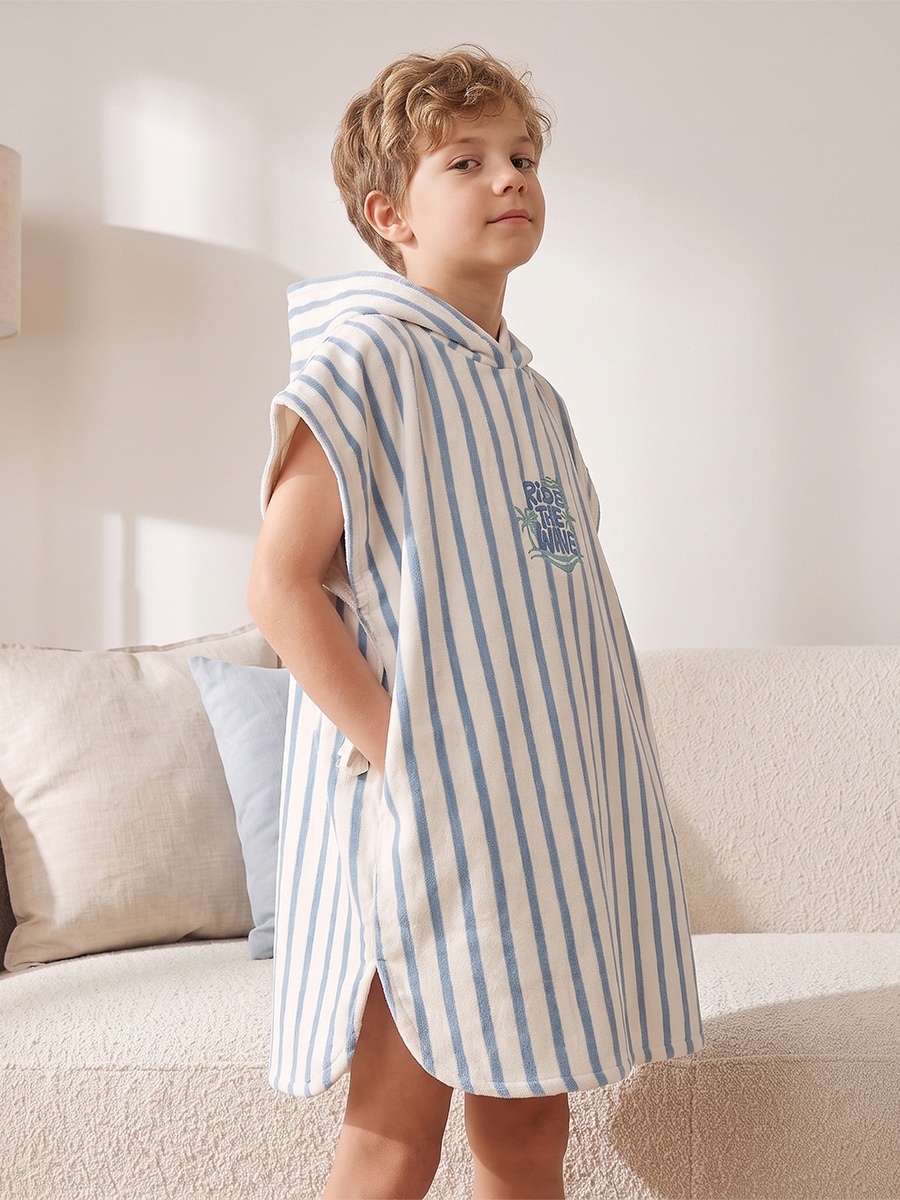 Cotton Hooded Short Sleeves Bathrobe with Striped Design