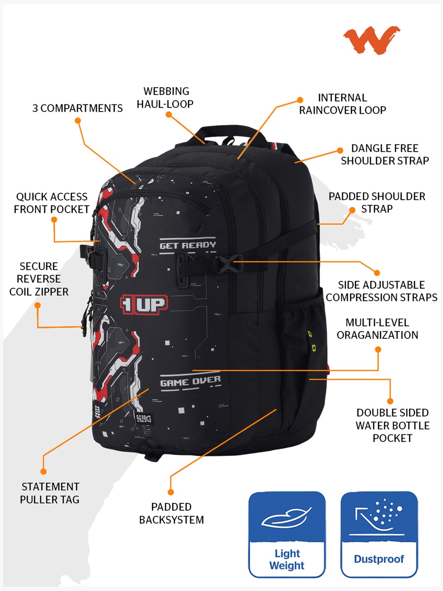 Wiki Gamer Print Backpack with Padded Straps - 25x25x50 cms