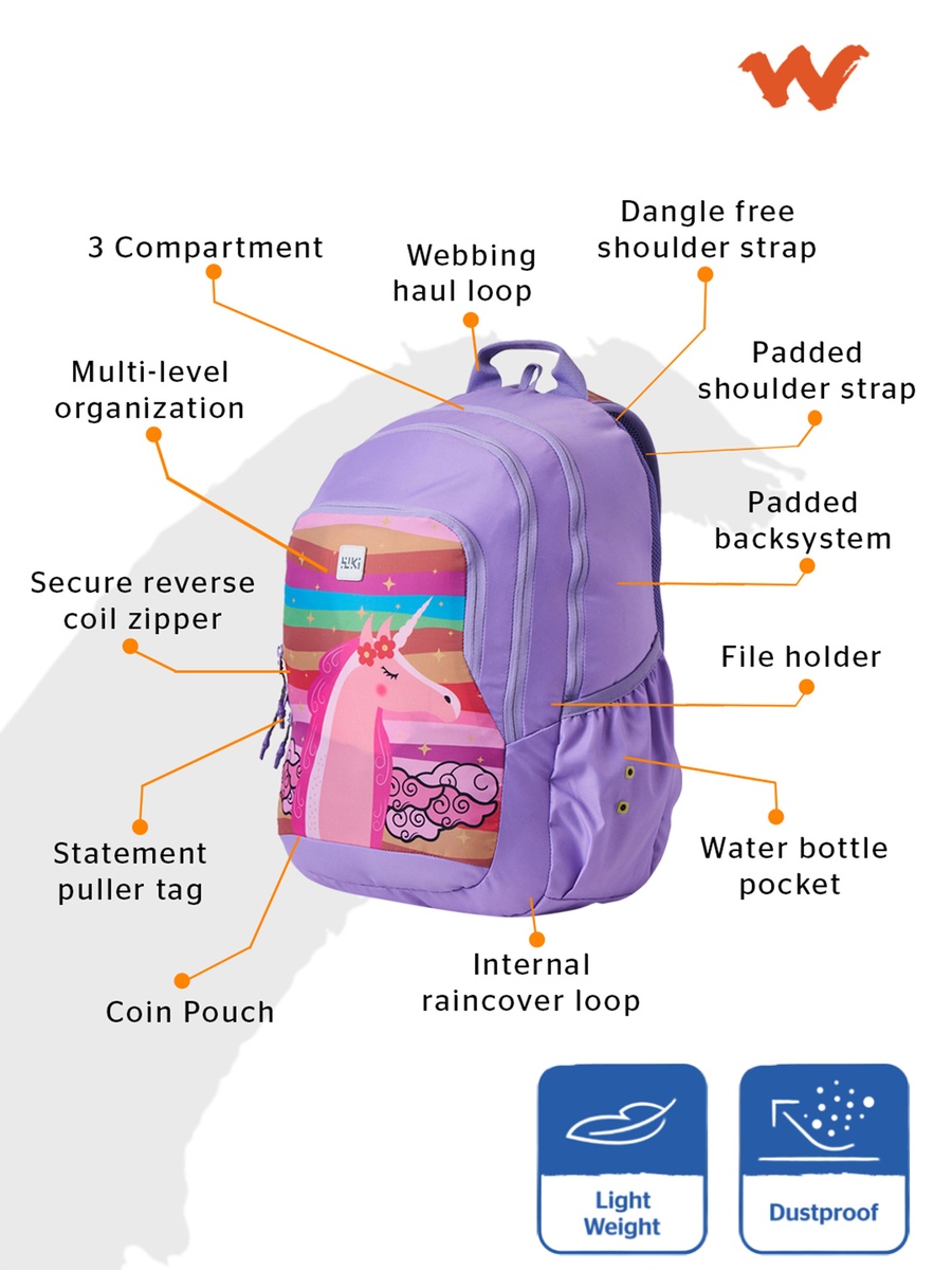 Wiki Unicorn Print Backpack with Adjustable Straps and Zip Closure - 22x22x44 cms