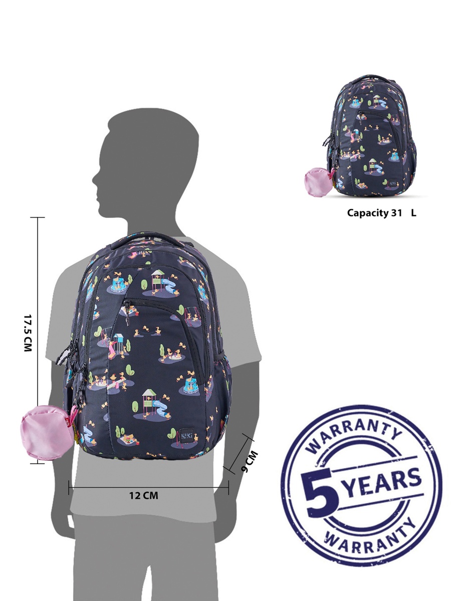 Wiki Printed Backpack with Detachable Pouch and Zip Closure - 23x23x44 cms