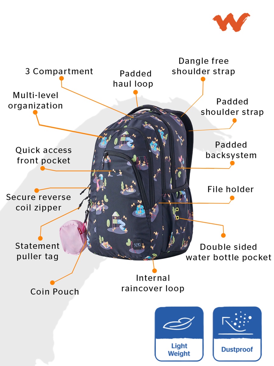Wiki Printed Backpack with Detachable Pouch and Zip Closure - 23x23x44 cms