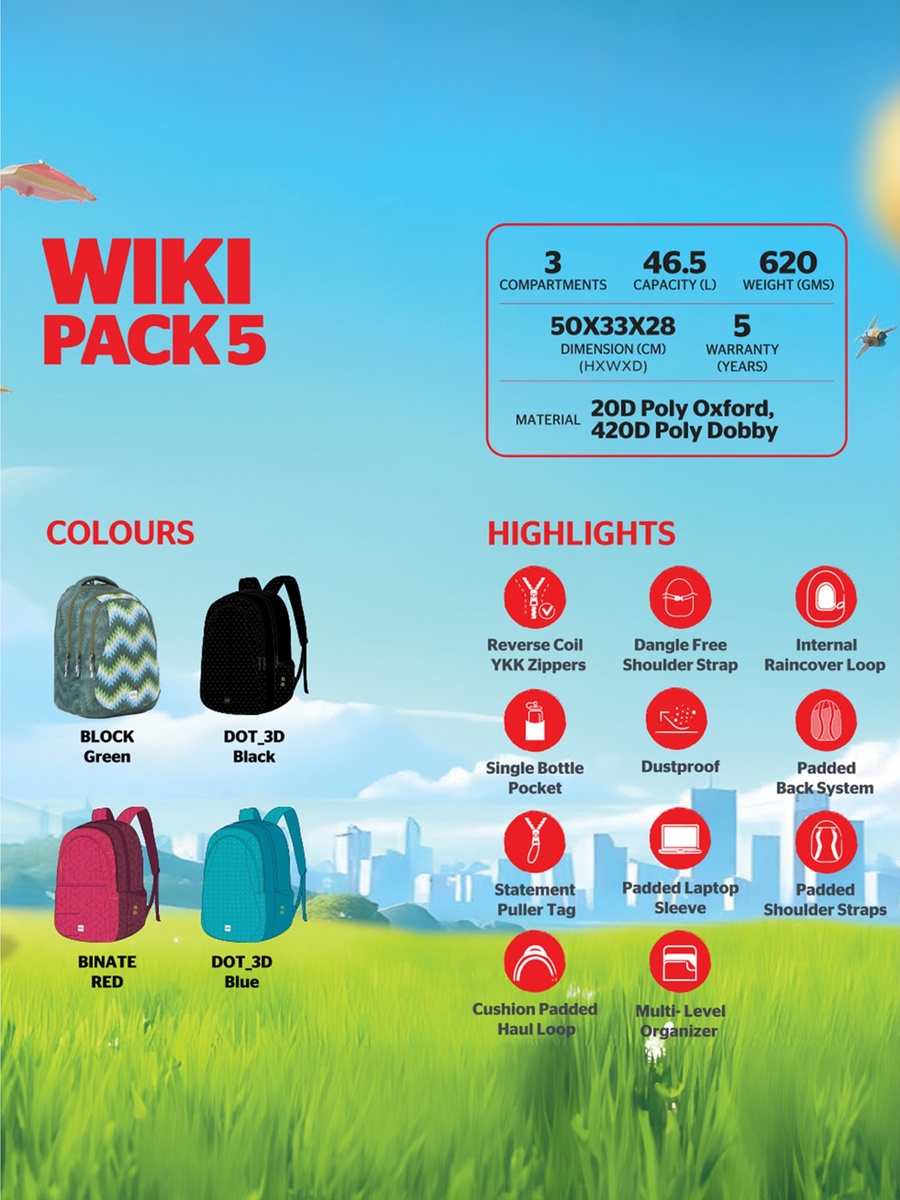 Wiki Printed School Backpack with Adjustable Shoulder Straps - 28x28x50 cms