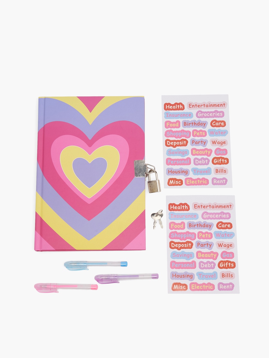 Heart Print Stationery Set with Notebook, Pens, Stickers - Set of 6