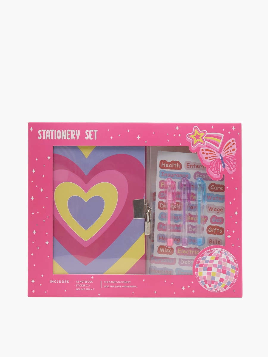 Heart Print Stationery Set with Notebook, Pens, Stickers - Set of 6