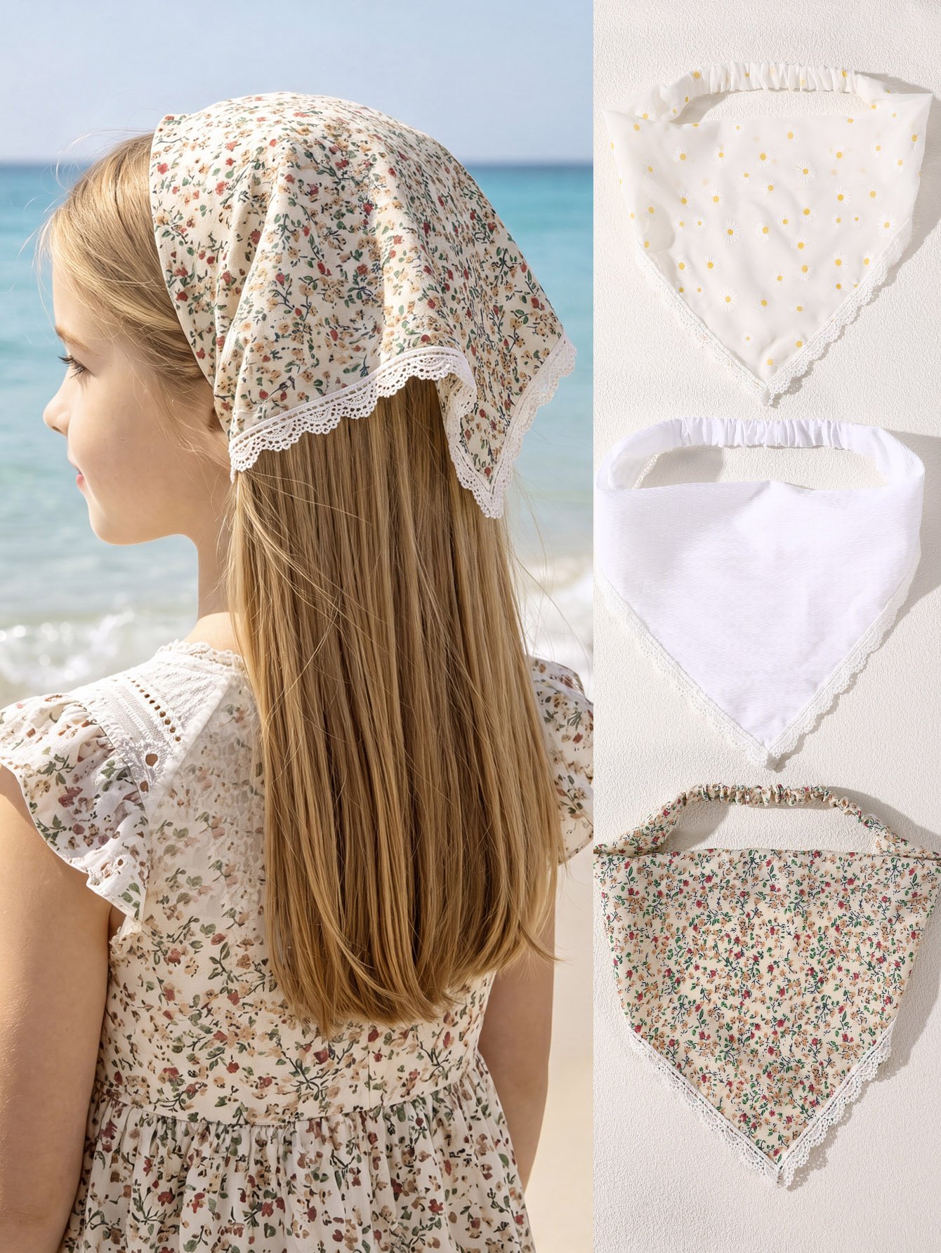 Pack of 3 - Girls Floral and Daisy Print Headscarf with Lace Trim