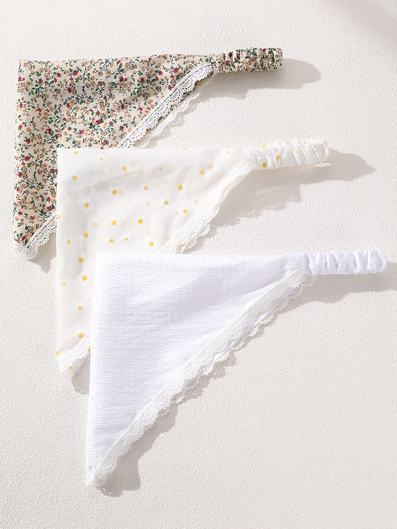 Pack of 3 - Girls Floral and Daisy Print Headscarf with Lace Trim