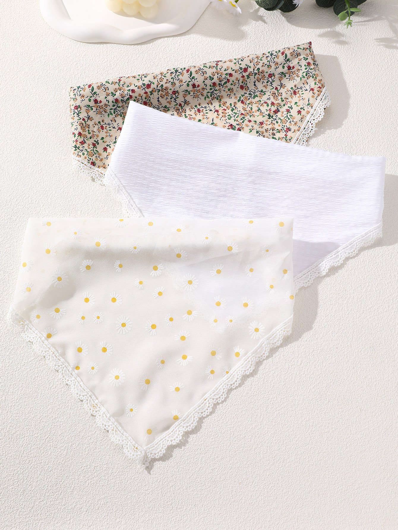 Pack of 3 - Girls Floral and Daisy Print Headscarf with Lace Trim