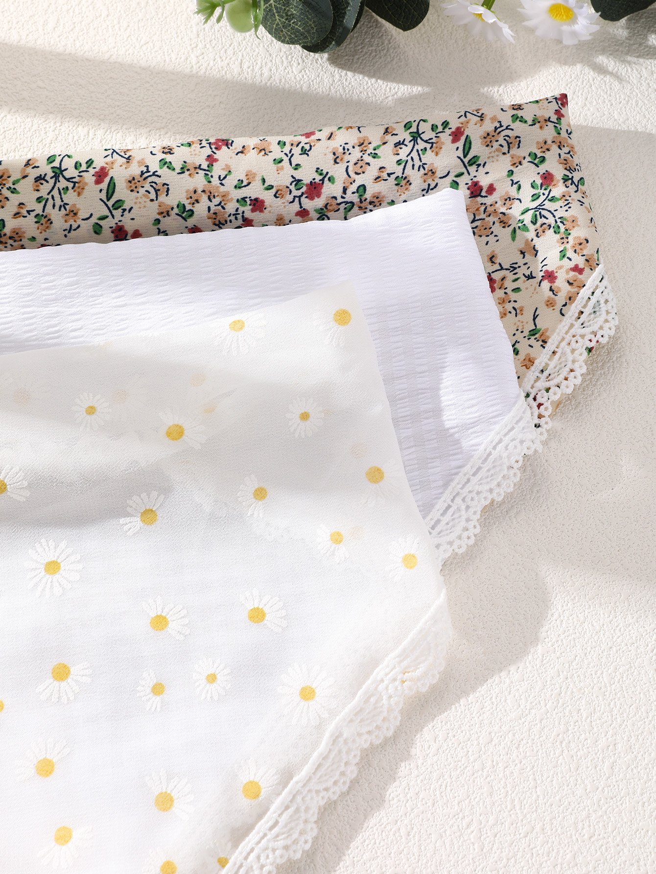Pack of 3 - Girls Floral and Daisy Print Headscarf with Lace Trim