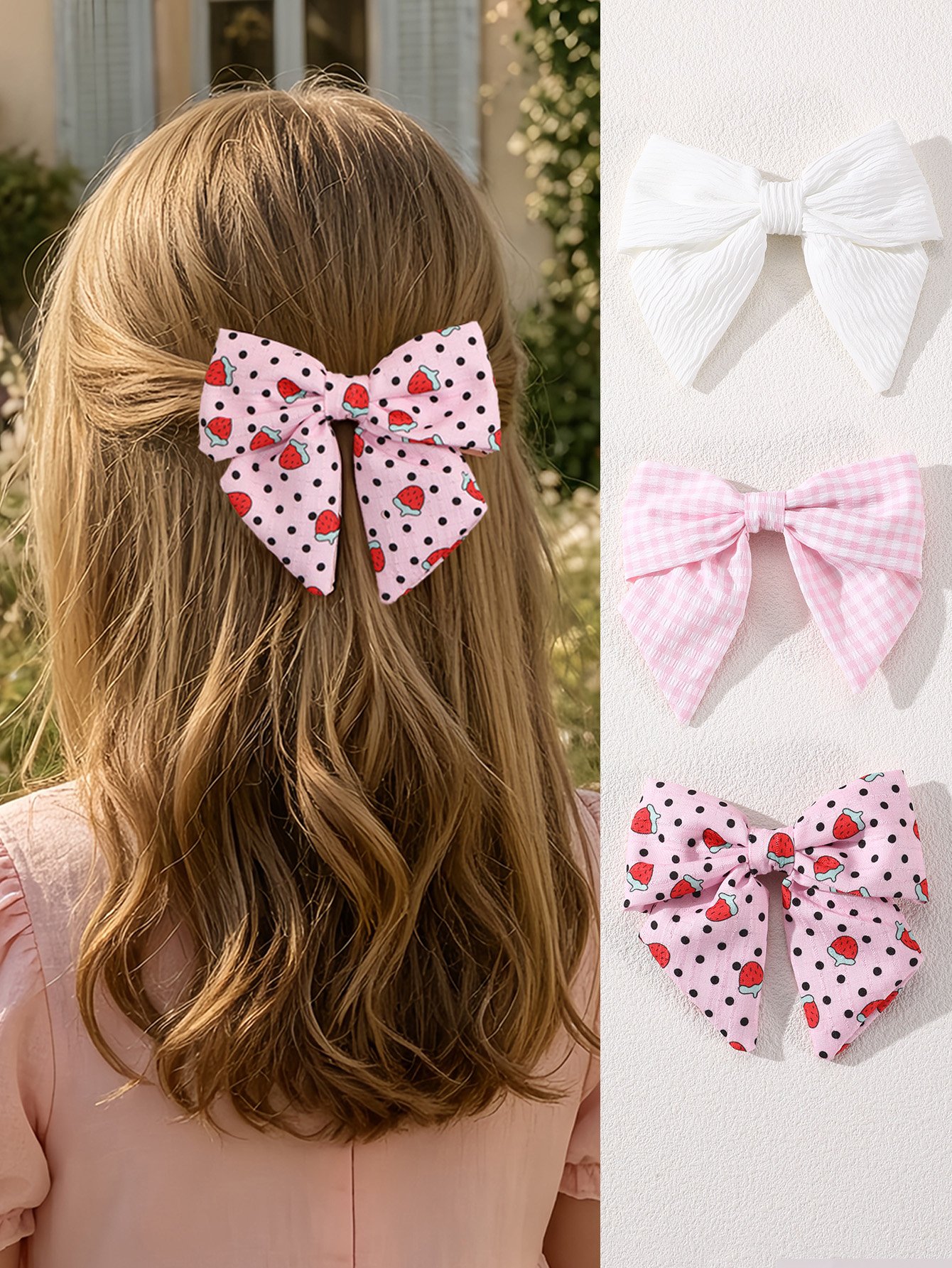 Pack of 3 - Girls Muti-Color Strawberry and Gingham Hair Bows