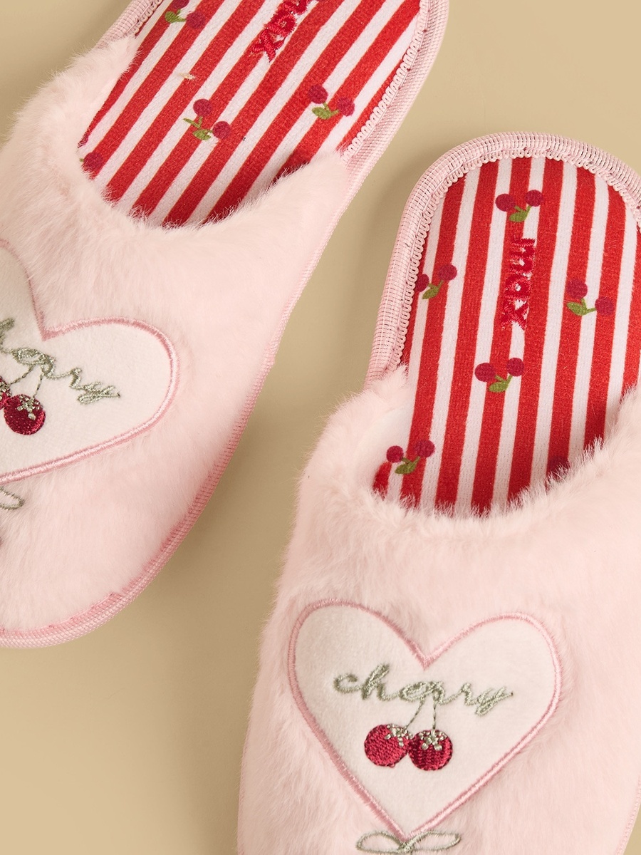 Cherry Embroidered Bedroom Mules