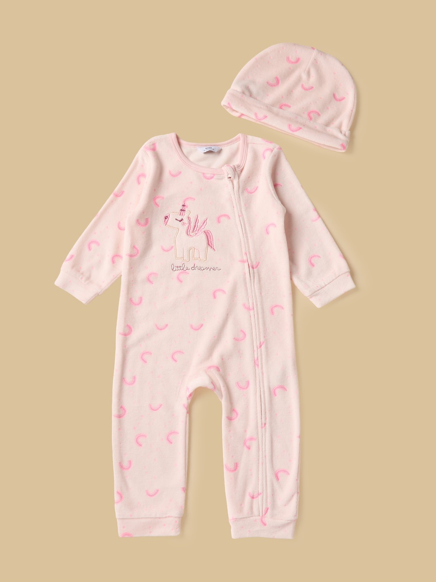 Unicorn Print Velour Sleepsuit with Cap
