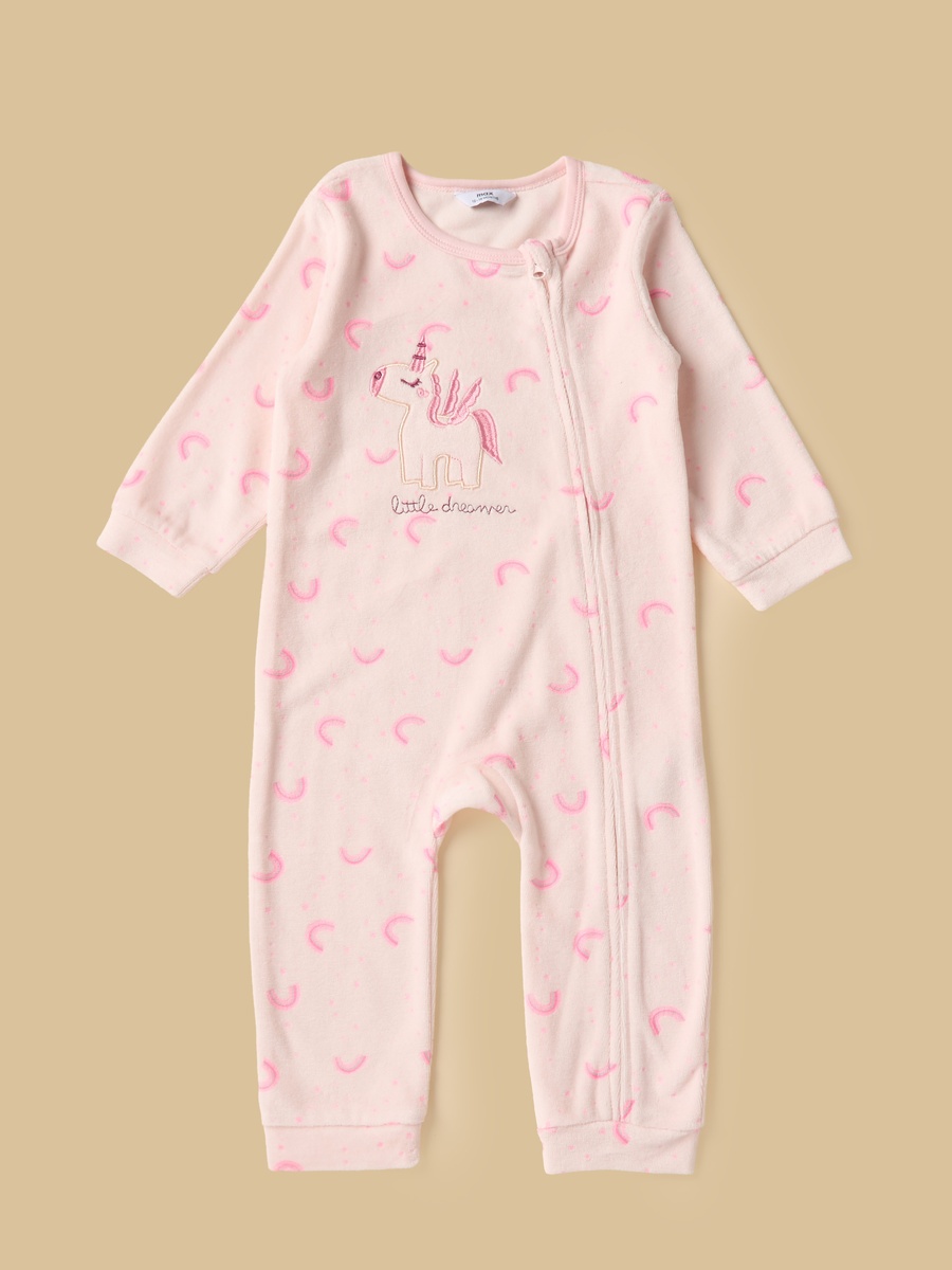 Unicorn Print Velour Sleepsuit with Cap