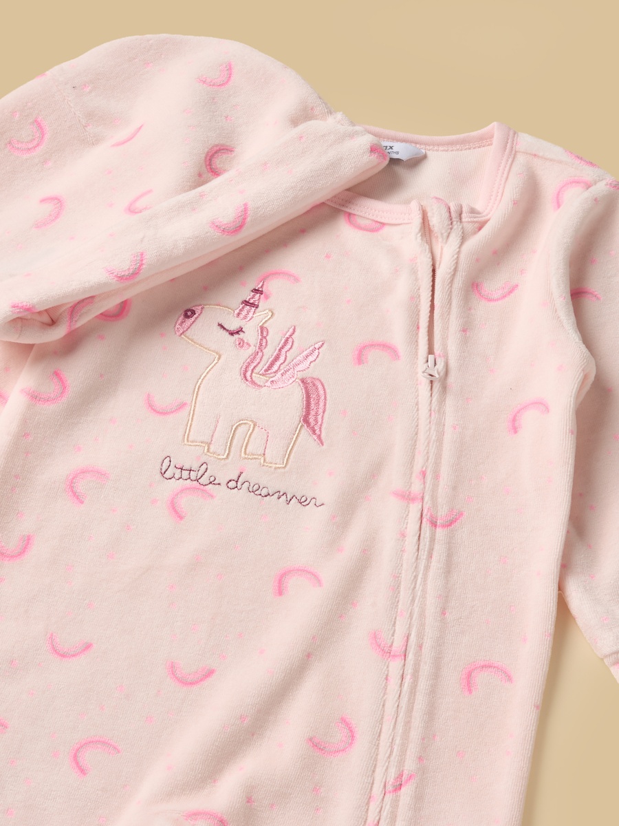 Unicorn Print Velour Sleepsuit with Cap