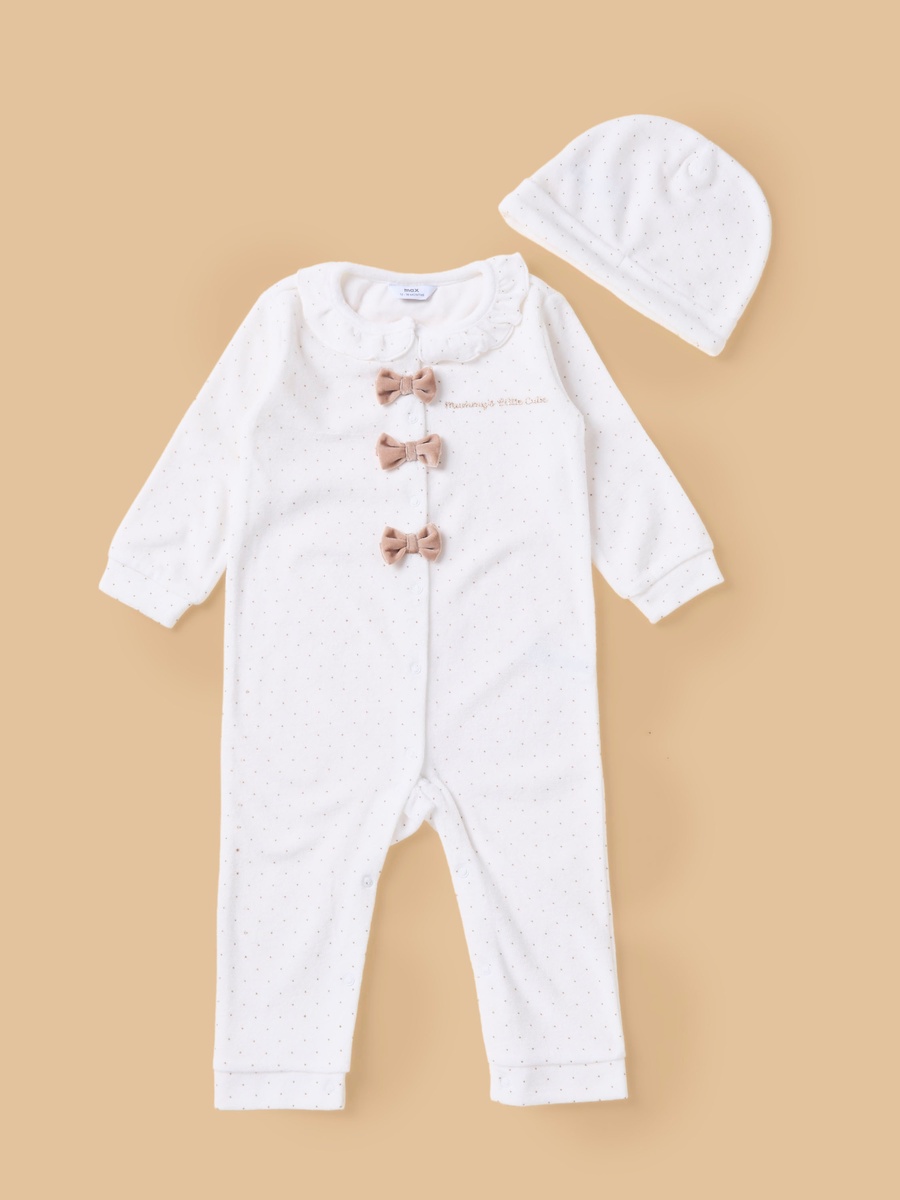 Bow Accent Velour Sleepsuit with Cap