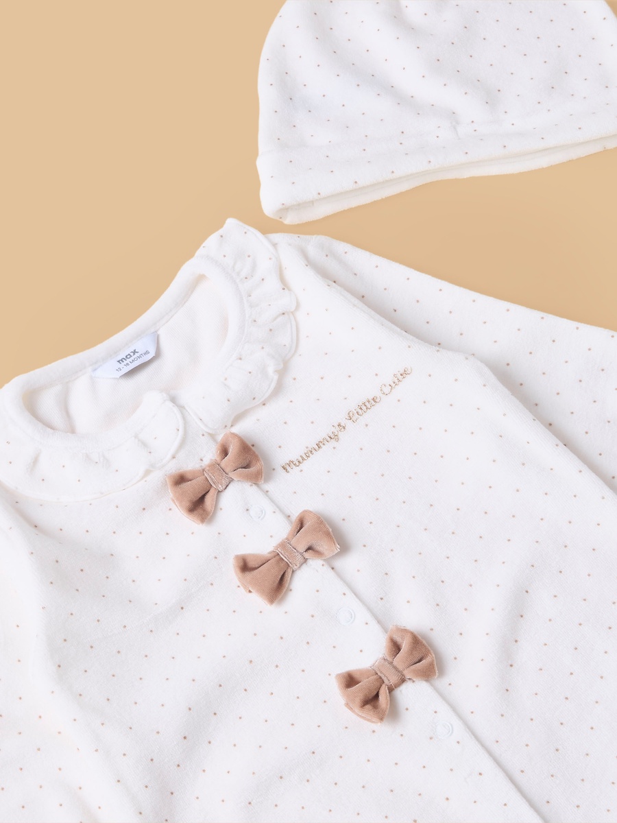 Bow Accent Velour Sleepsuit with Cap