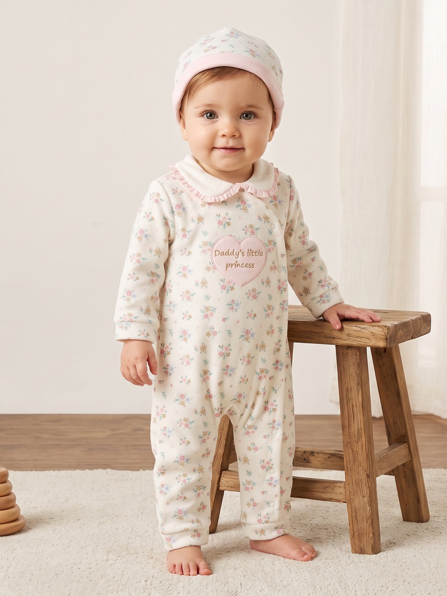 Floral Print Velour Sleepsuit with Cap