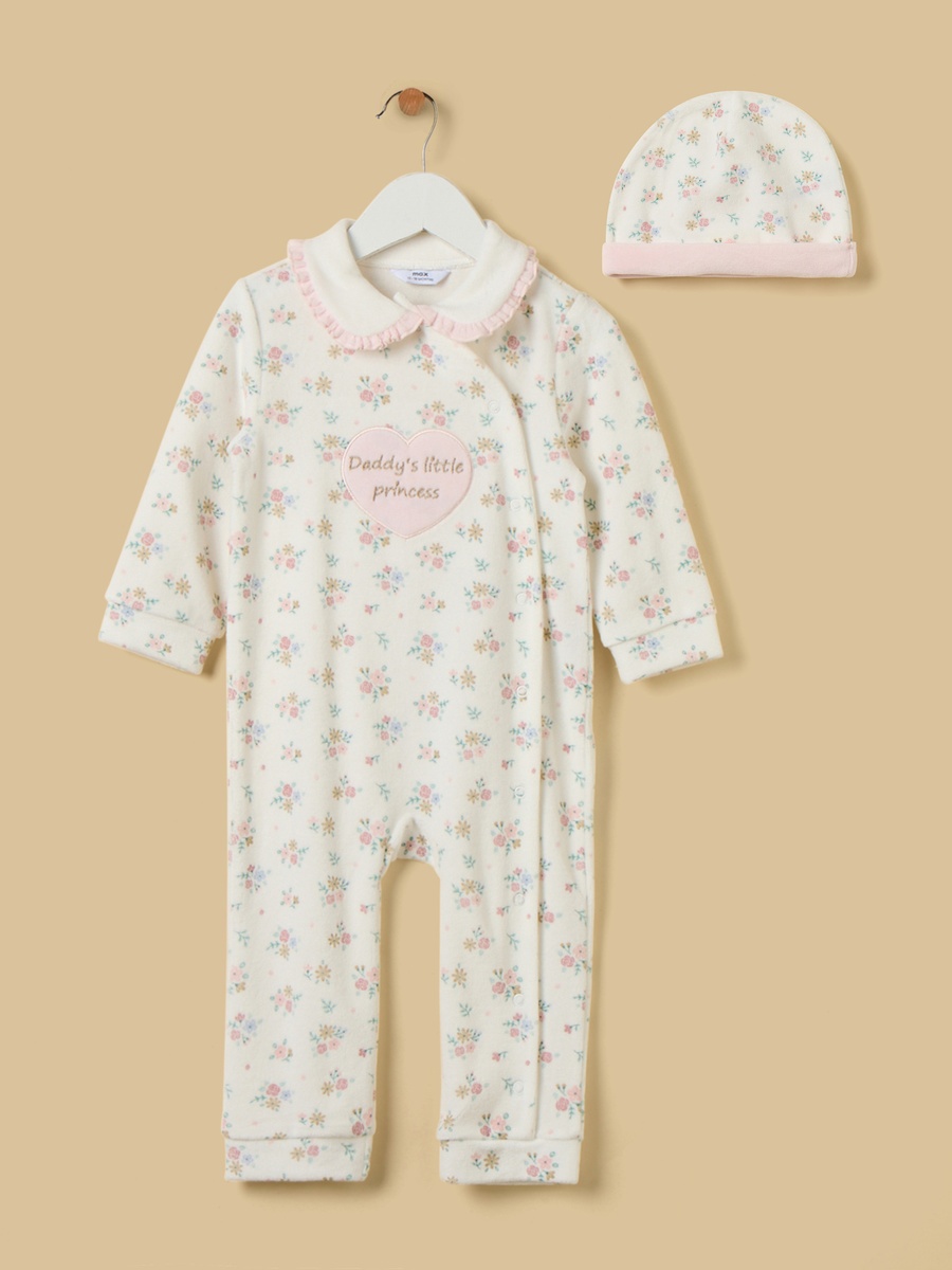 Floral Print Velour Sleepsuit with Cap