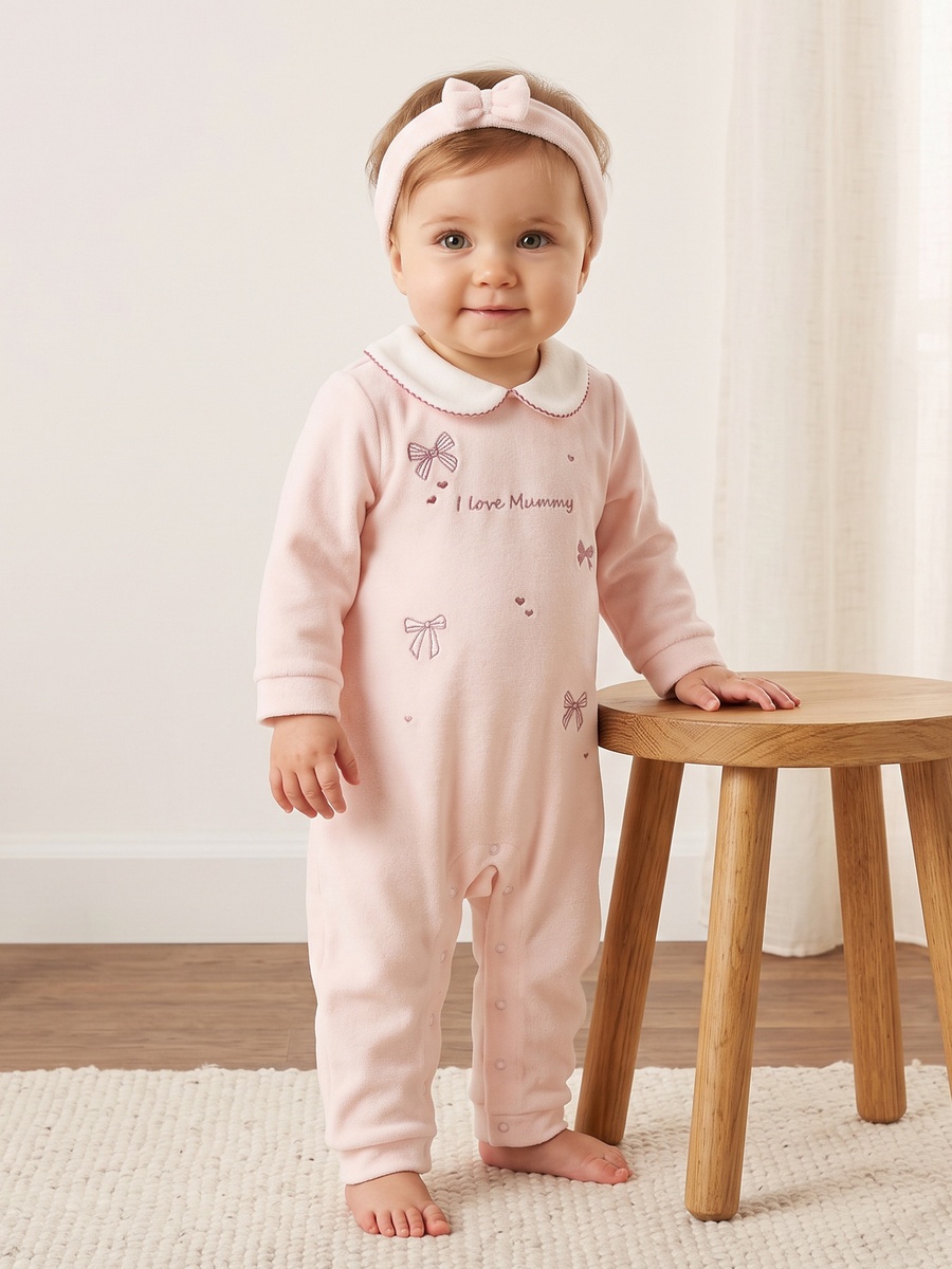 Bow Embroidered Velour Sleepsuit with Headband