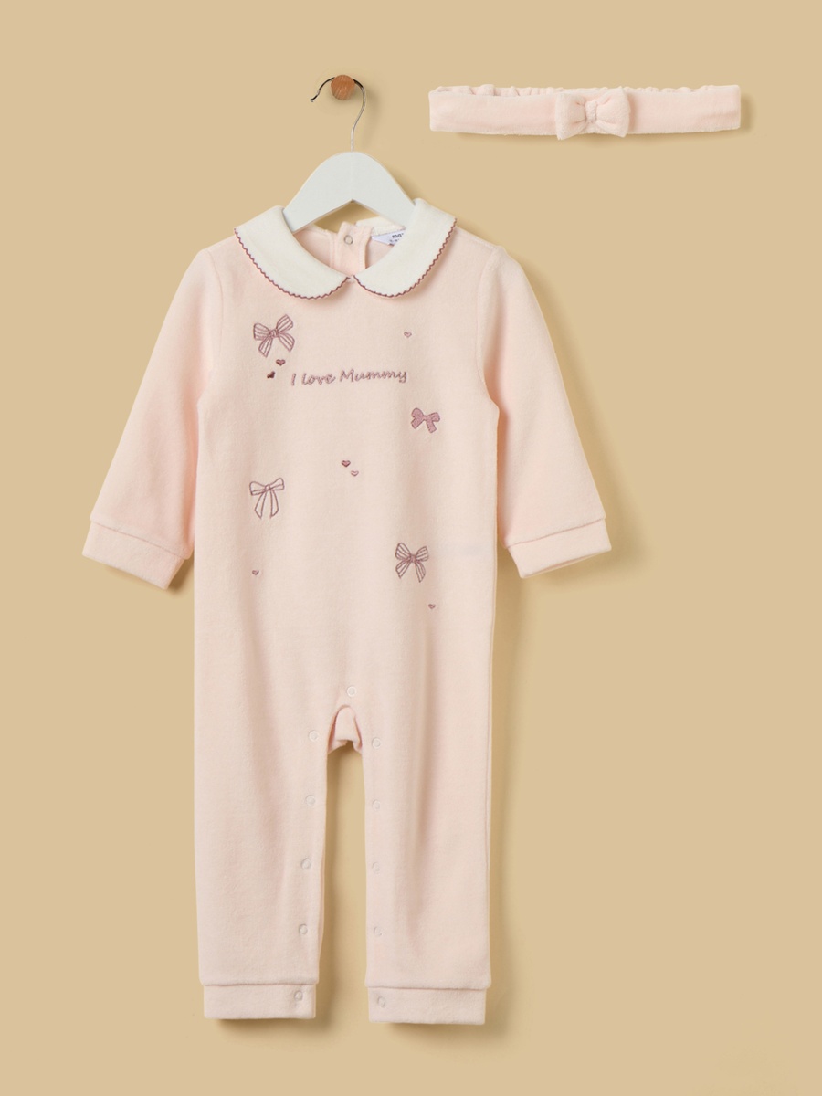 Bow Embroidered Velour Sleepsuit with Headband