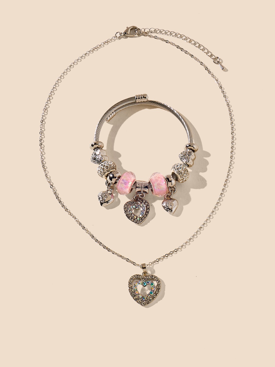 Heart Embellished Pendant Necklace and Bracelet Set