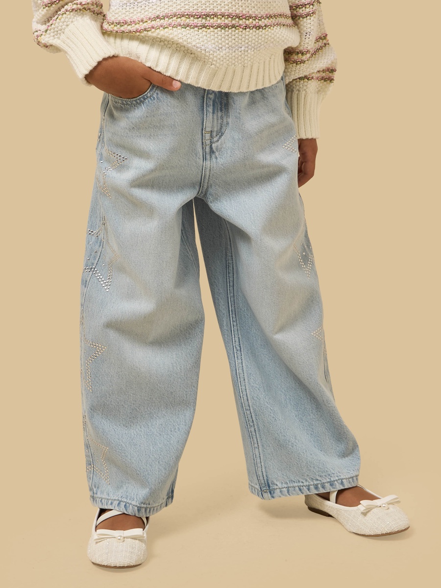 Star Embellished Wide Leg Cotton Jeans