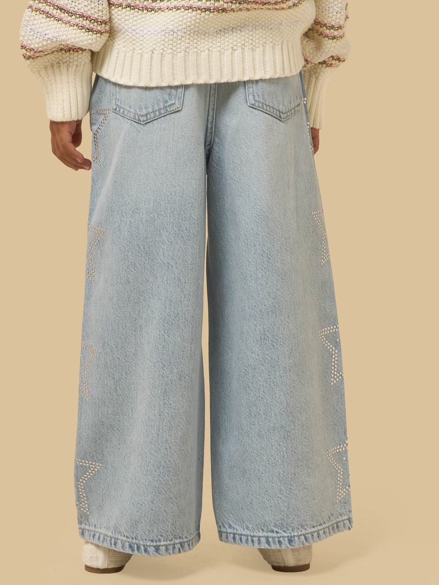 Star Embellished Wide Leg Cotton Jeans