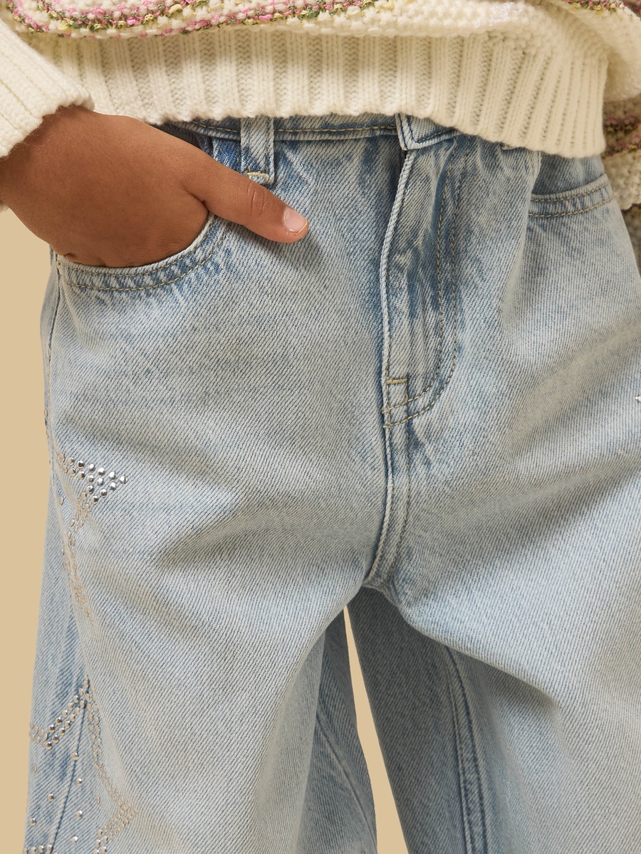 Star Embellished Wide Leg Cotton Jeans