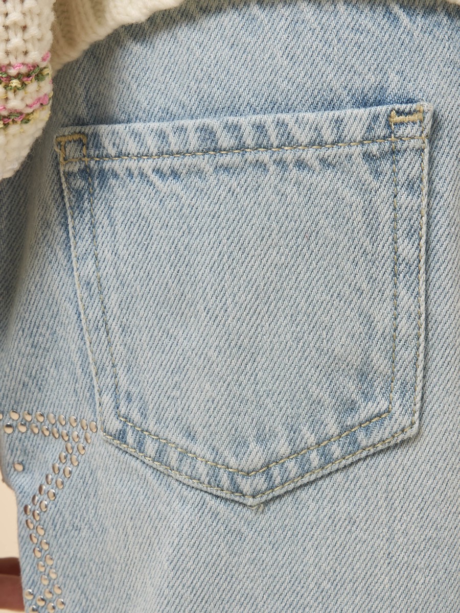 Star Embellished Wide Leg Cotton Jeans