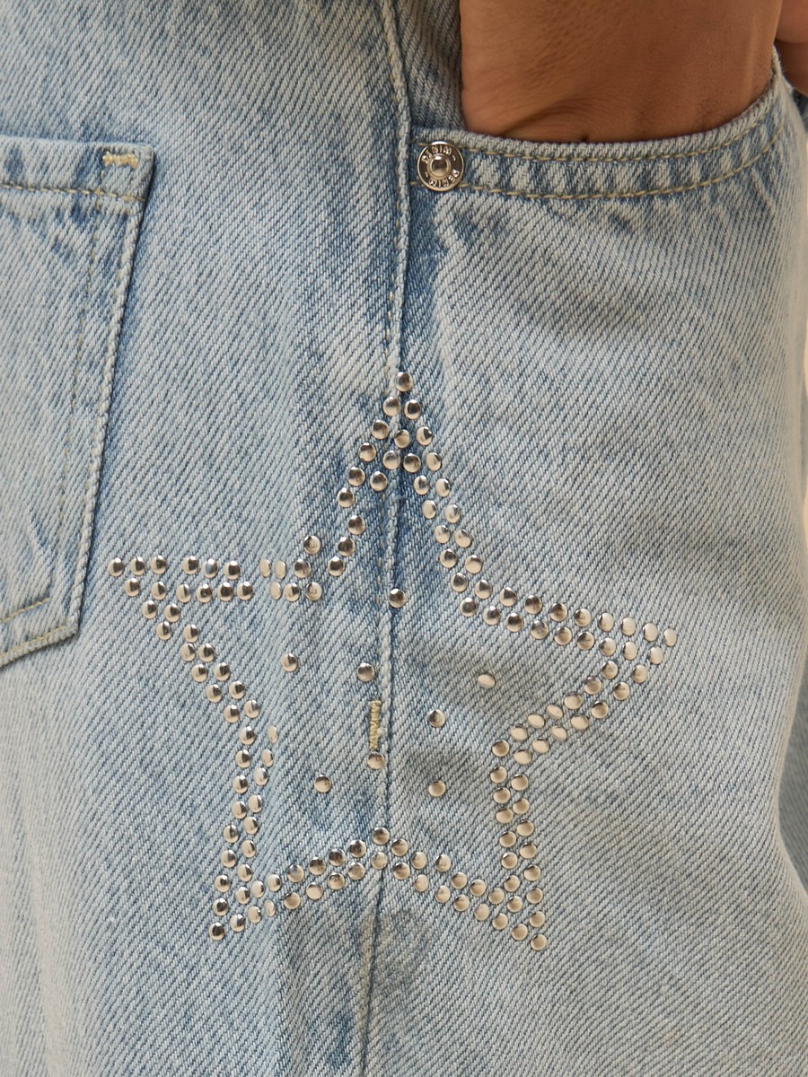Star Embellished Wide Leg Cotton Jeans